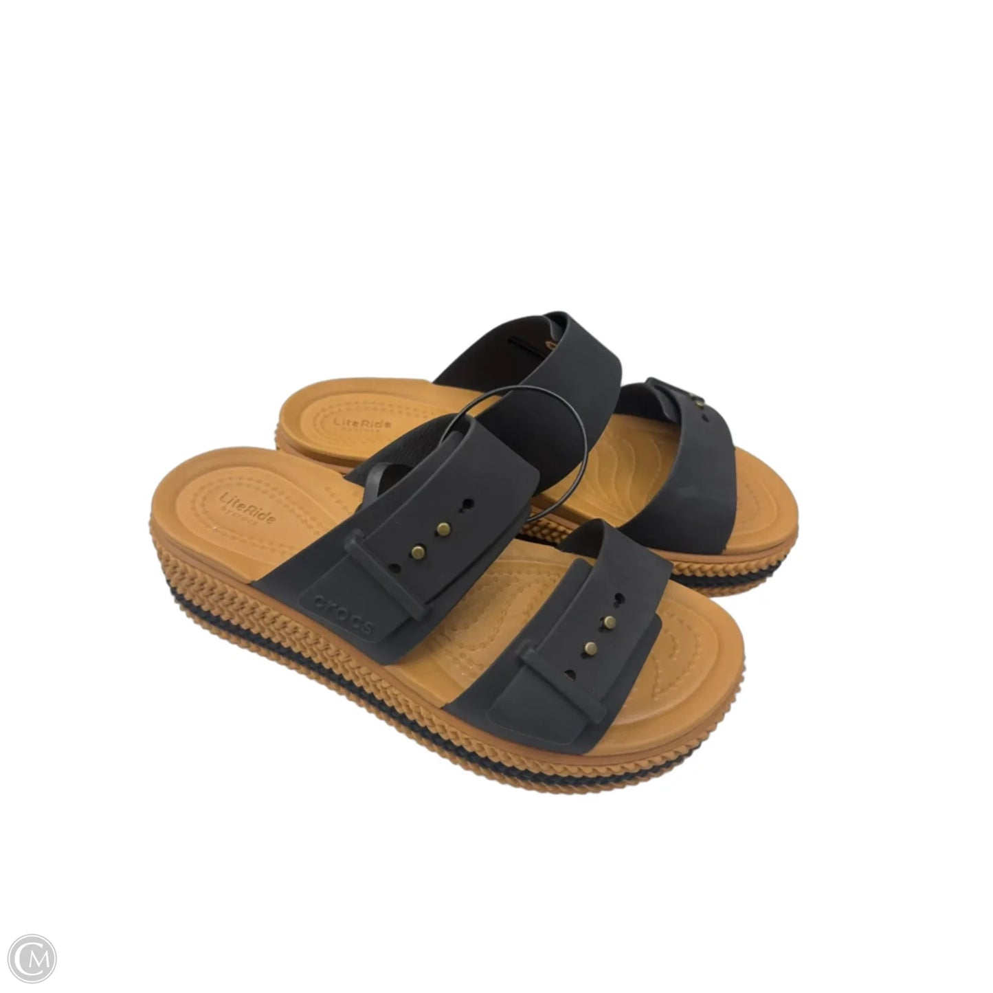 Sandals Heels Wedge By Crocs In Black & Brown, Size: 6