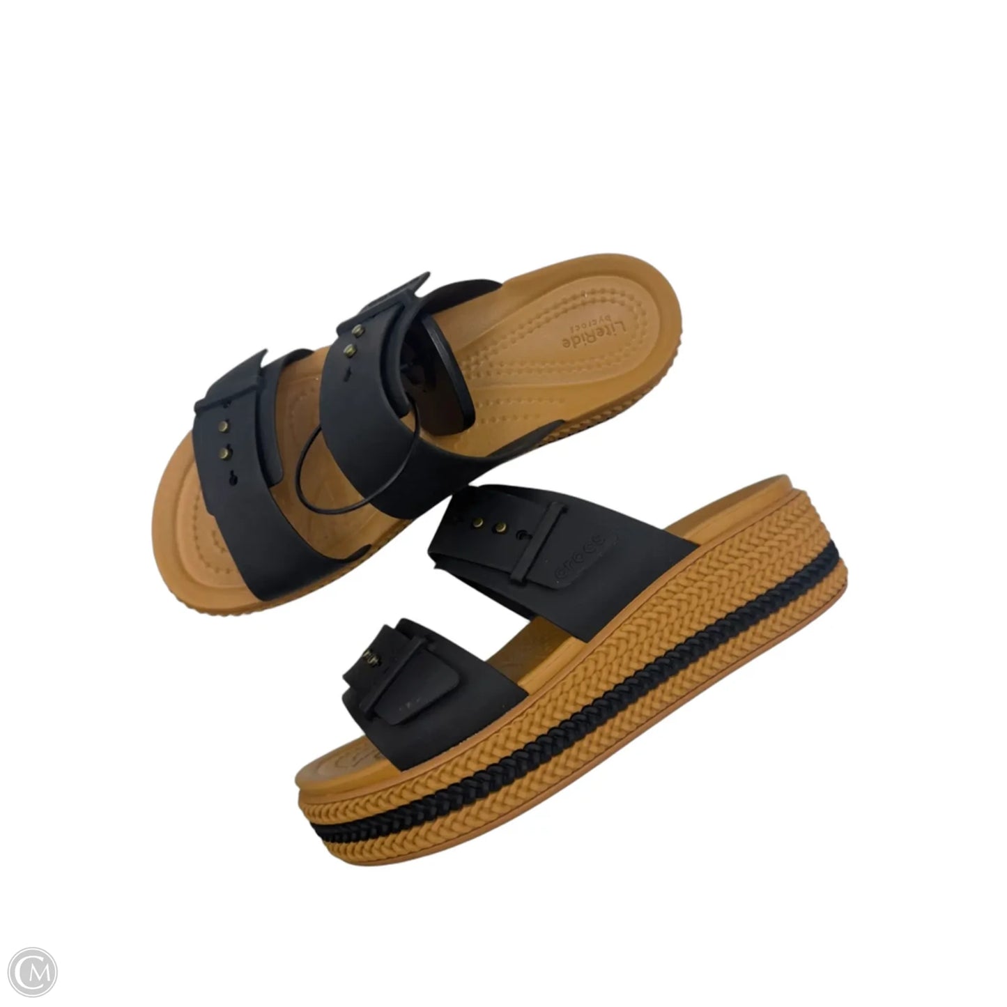 Sandals Heels Wedge By Crocs In Black & Brown, Size: 6