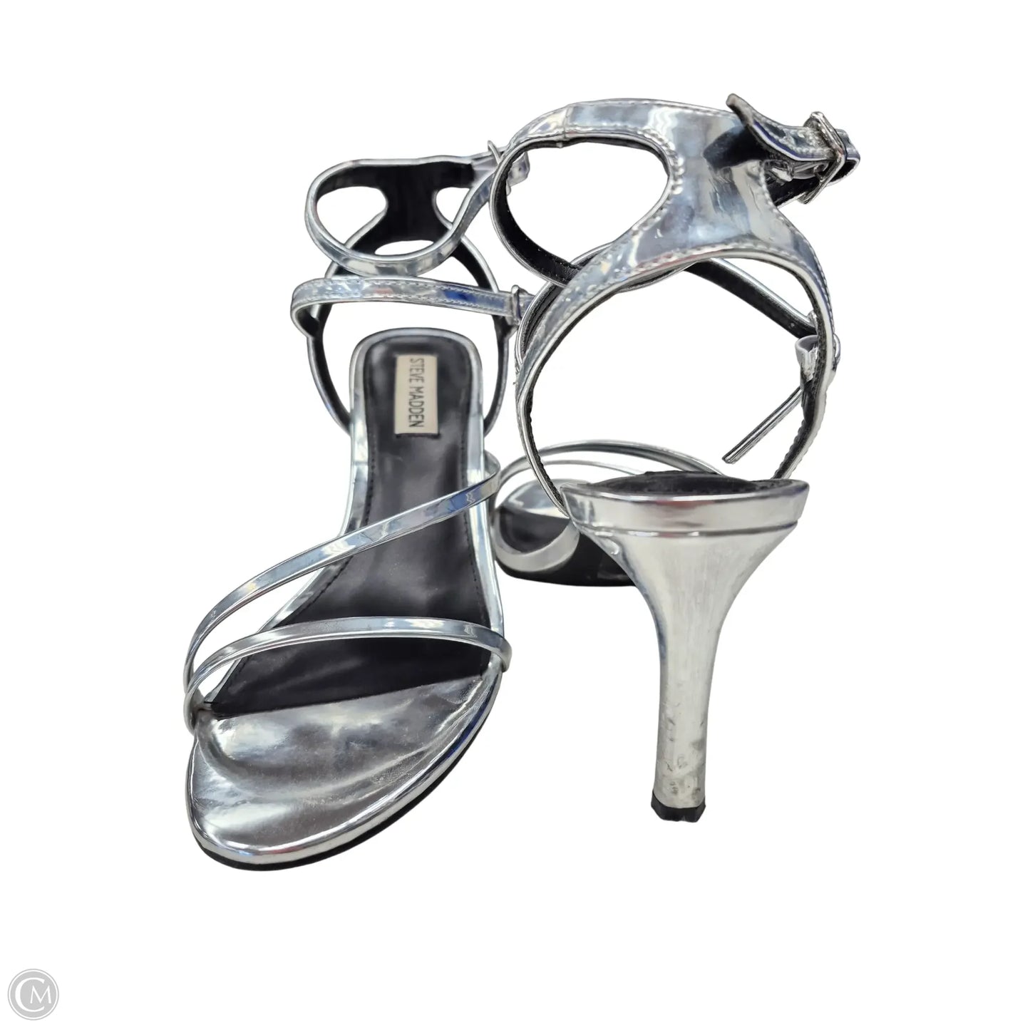 Sandals Heels Stiletto By Steve Madden In Silver, Size: 8
