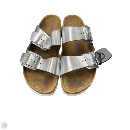 Sandals Flats By Birkenstock In Silver, Size: 9