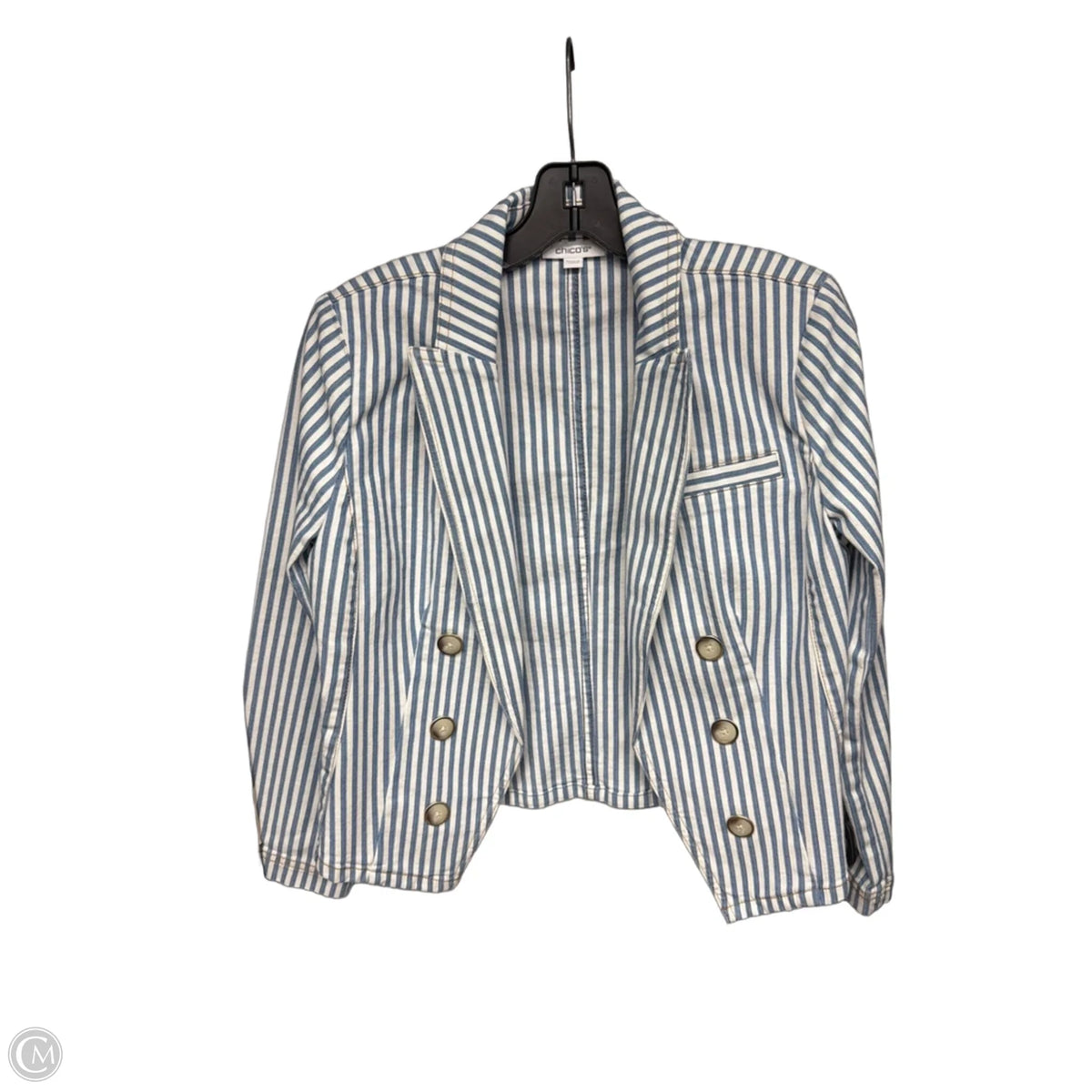 Jacket Denim By Chicos In Striped Pattern, Size: S